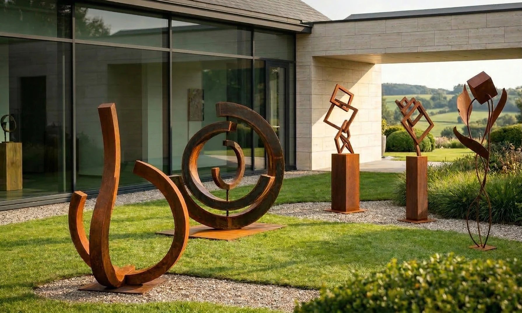 Les sculptures en acier Corten de la collection Corten Edition installées dans un jardin